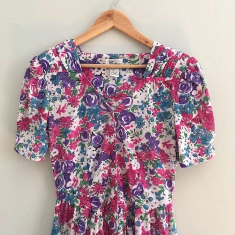 80s VTG Floral Button Down Short Sleeve Midi Dress